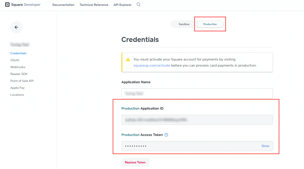 WP square payment credentials