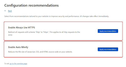 5th Step – Cloudflare Configuration - Apply recommendation