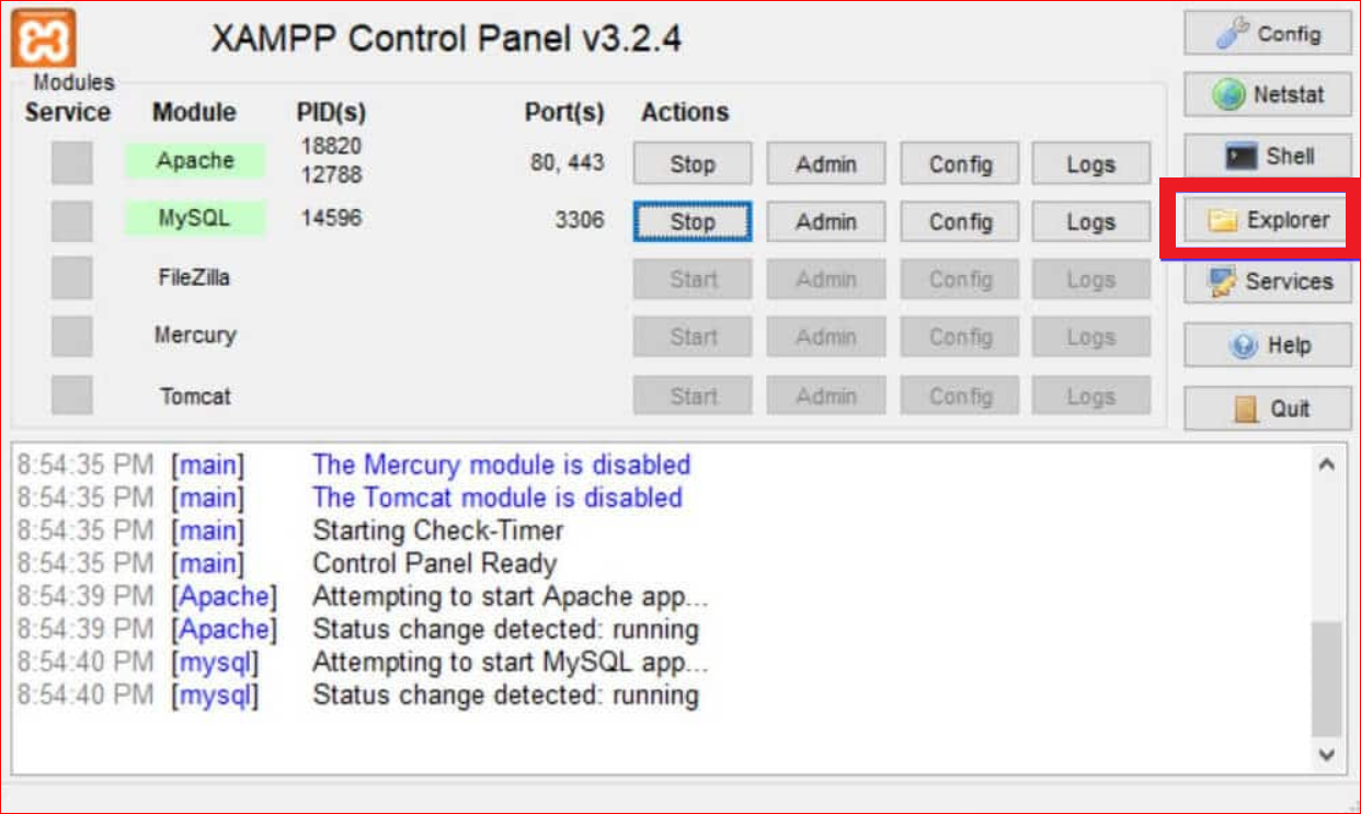 Explorer button in the XAMPP Control Panel