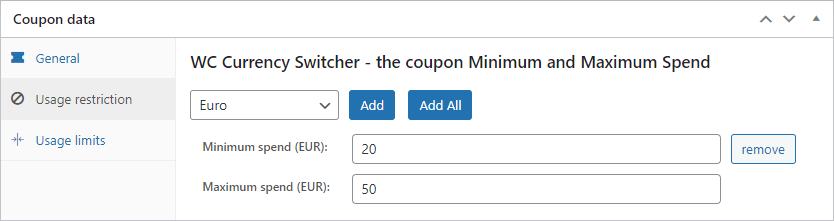 minimum and maximum spend for each currency