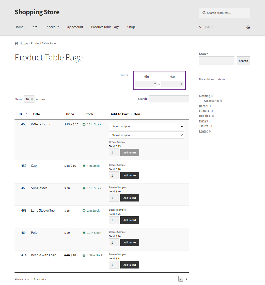 Add Filter Dropdown Above the Table - Product Price