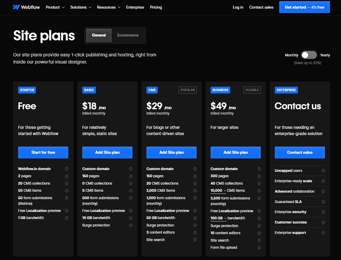 webflow pricing packages