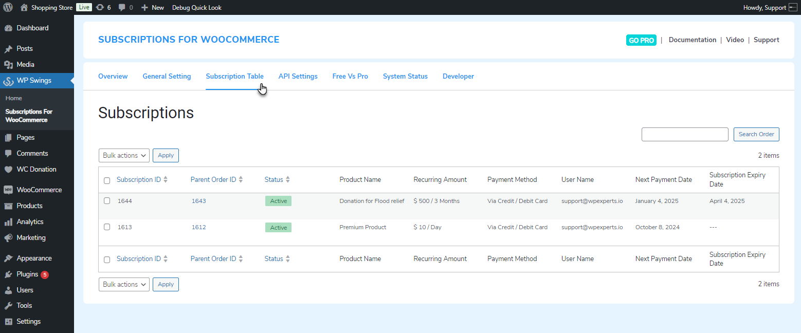 Compatibility with Subscriptions for WooCommerce by WP Swings Feature