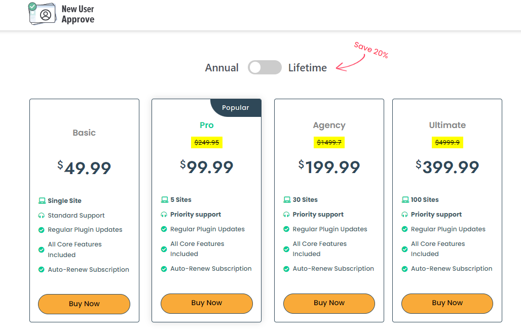 Pricing Plans for New User Approve