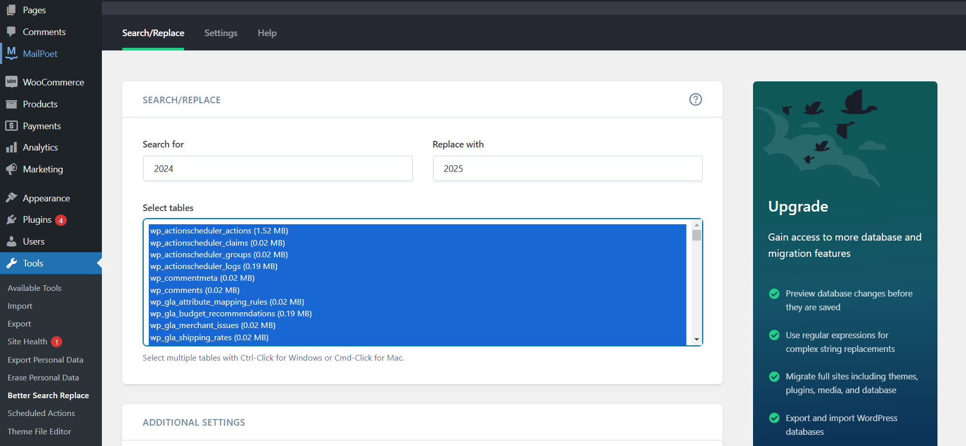 Choose which database tables you want to run the search and replace