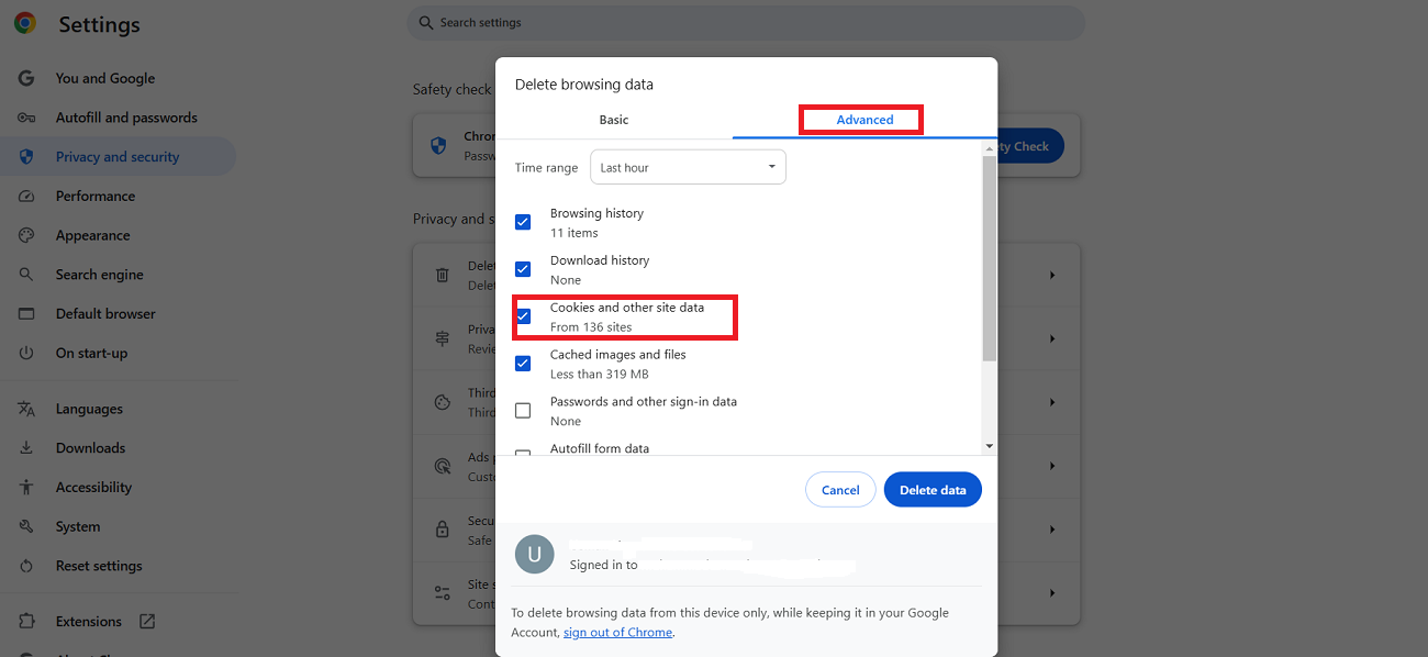 remove advanced data from browser cache option to eliminate the 501 error