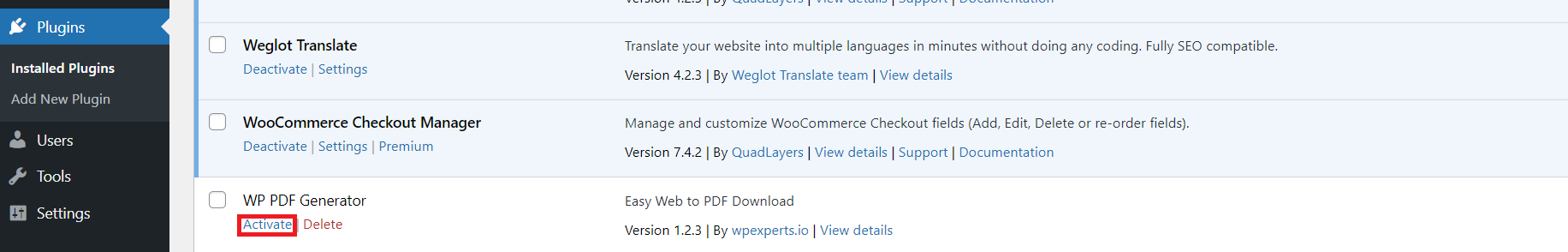 click activate button to start using the wp pdf generator plugin