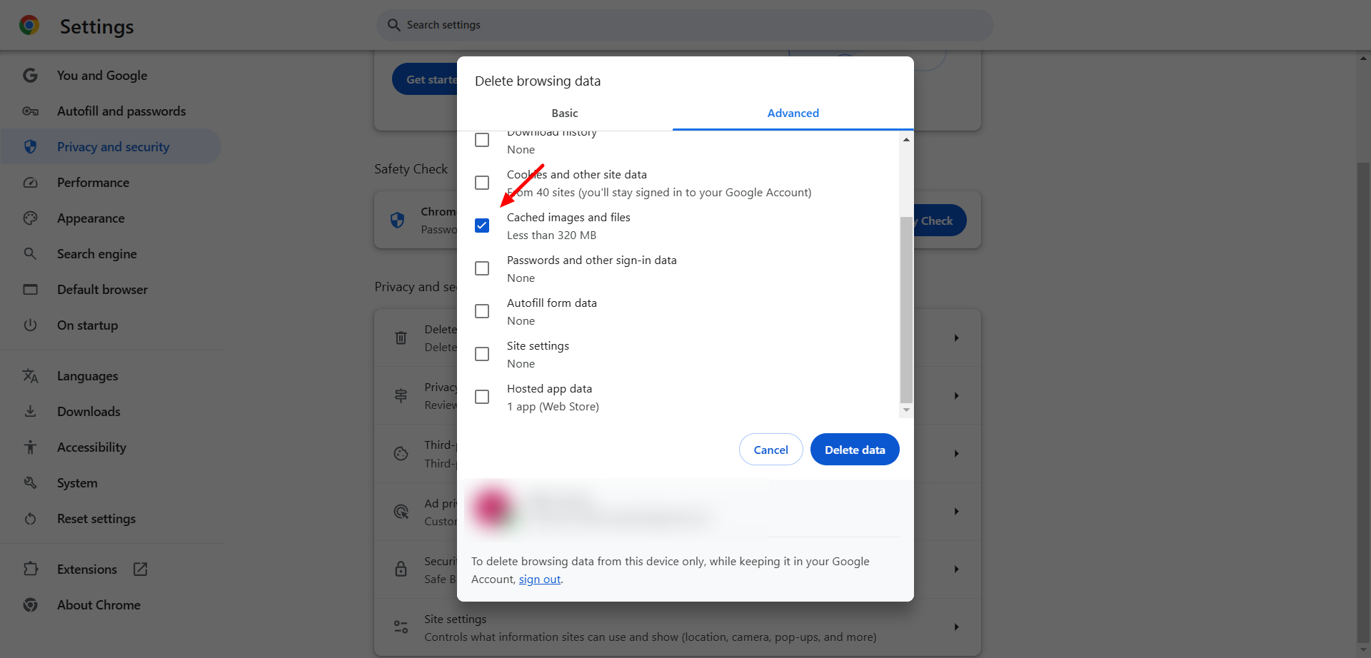 Choose Cached images and files to fix ERR_ADDRESS_UNREACHABLE