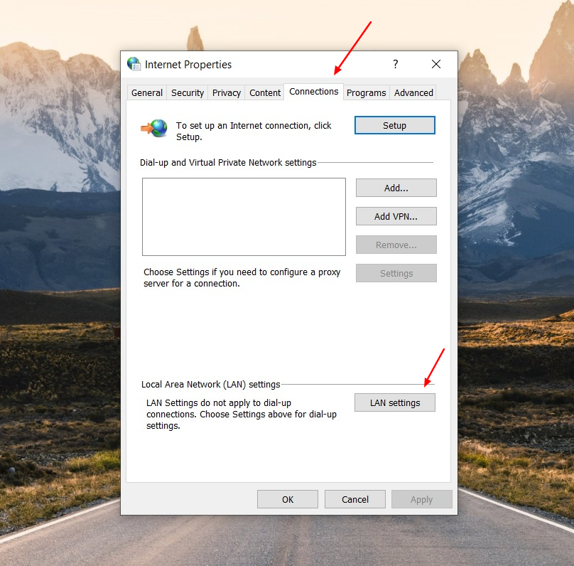 Click the Connections tab & then the LAN Settings