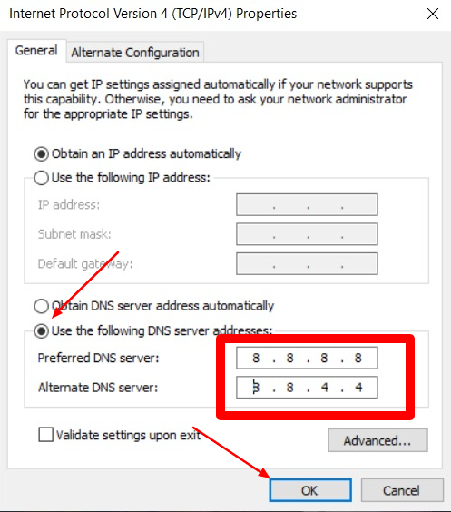 Click the option Use the following DNS server addresses