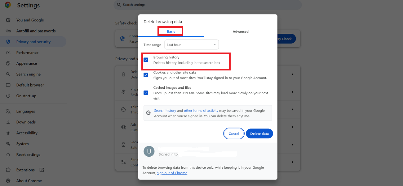 Delete Browsing Data to Bypass the ERR_SOCKET_NOT_CONNECTED Error