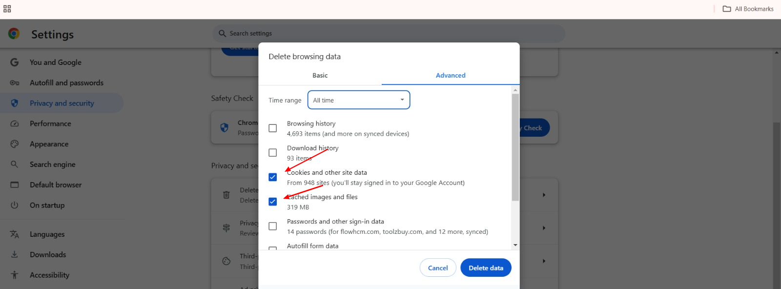 Mark Cookies and other website data and Cached images and files