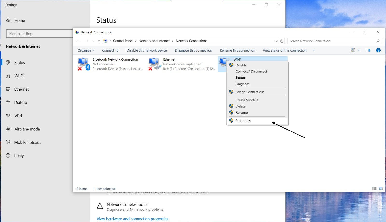 Now, right-click on Ethernet or Wi-Fi to change their DNS. After right click, choose Properties