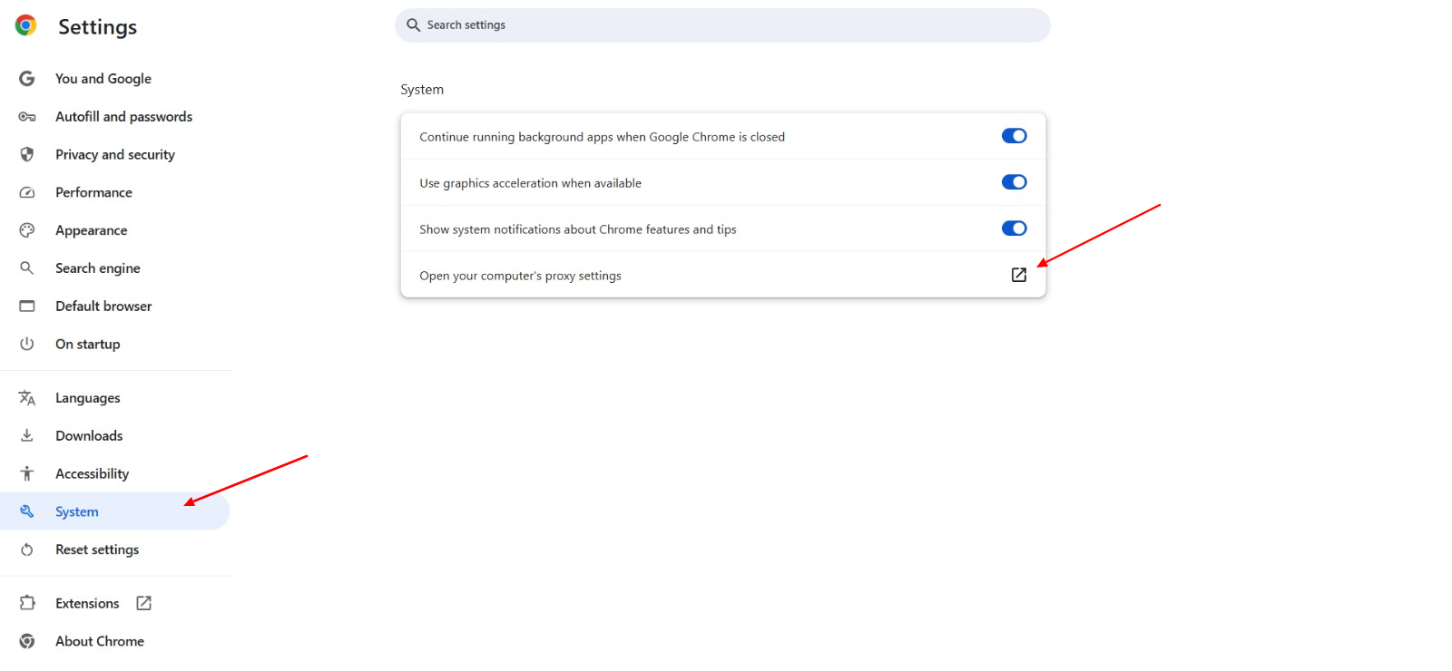 Open Chrome, then follow the rest Settings System Open your computer's proxy settings