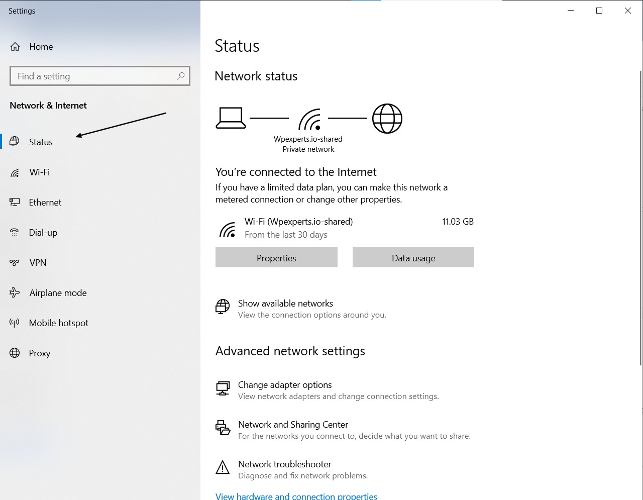 Open Network Status from the setting in your windows