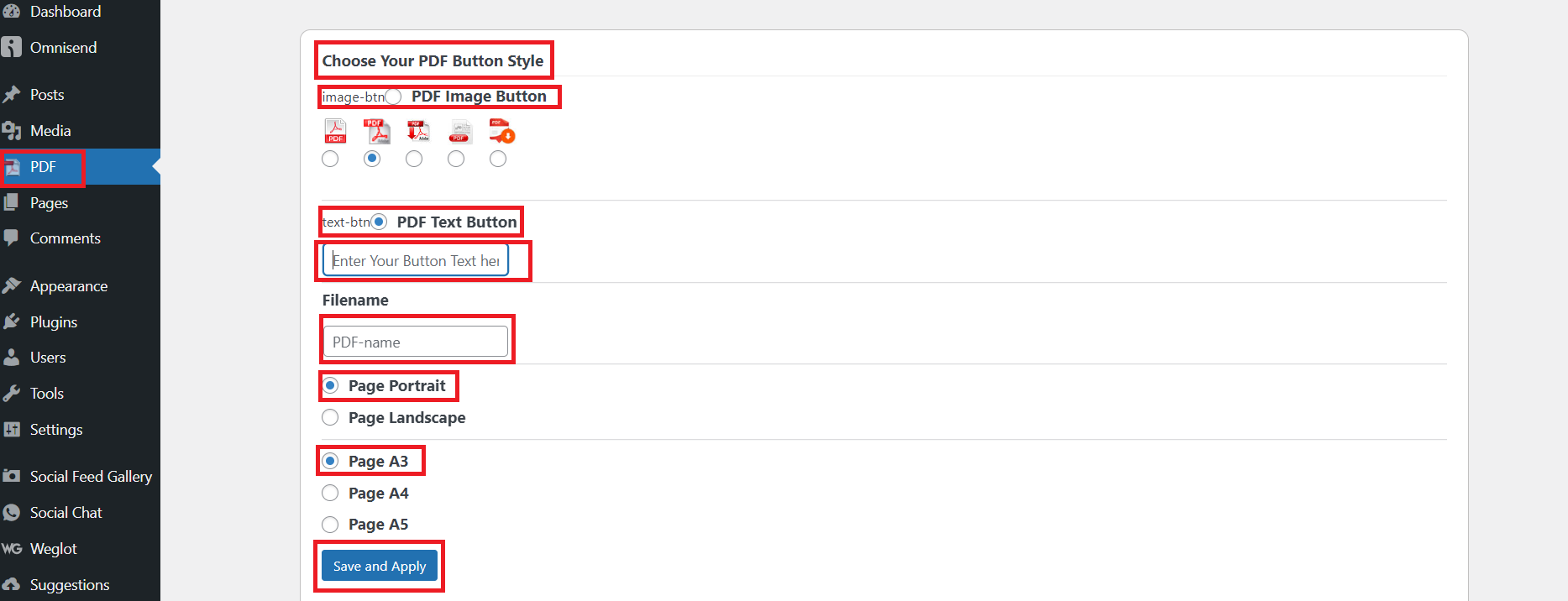 wp-pdf-generator-plugin options like pdf button pdf text page portrait