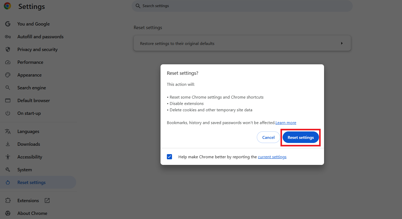 Press the Reset Settings Button to Complete the Chrome Browser Resetting Process