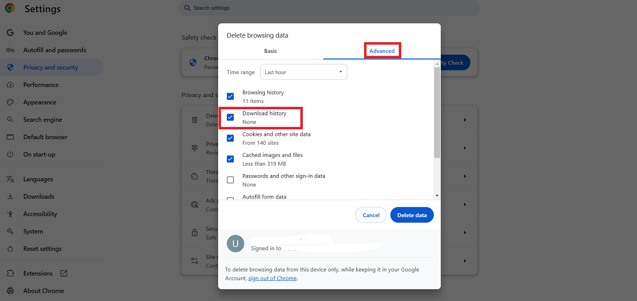 Remove Advanced Browsing Data