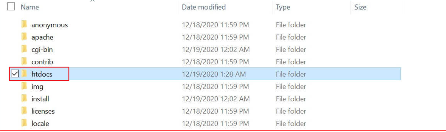 The htdocs subfolder is under XAMPP folder
