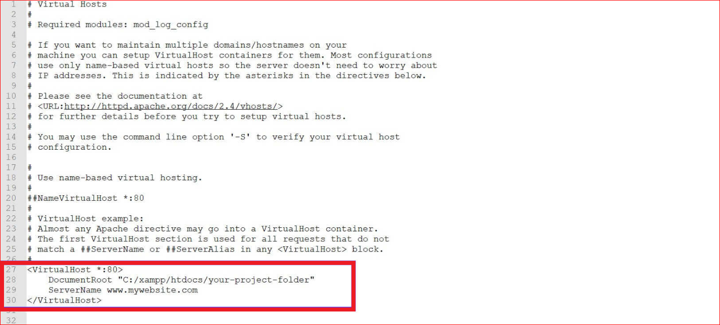 The updated version of httpd-vhosts.conf file with the path of your project
