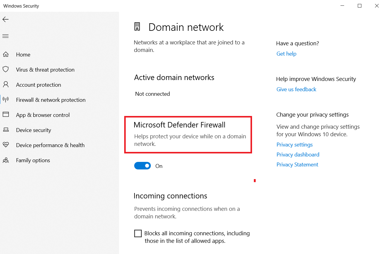 Turn Off Microsoft Defender Firewall to Remove the ERR_SOCKET_NOT_CONNECTED Error