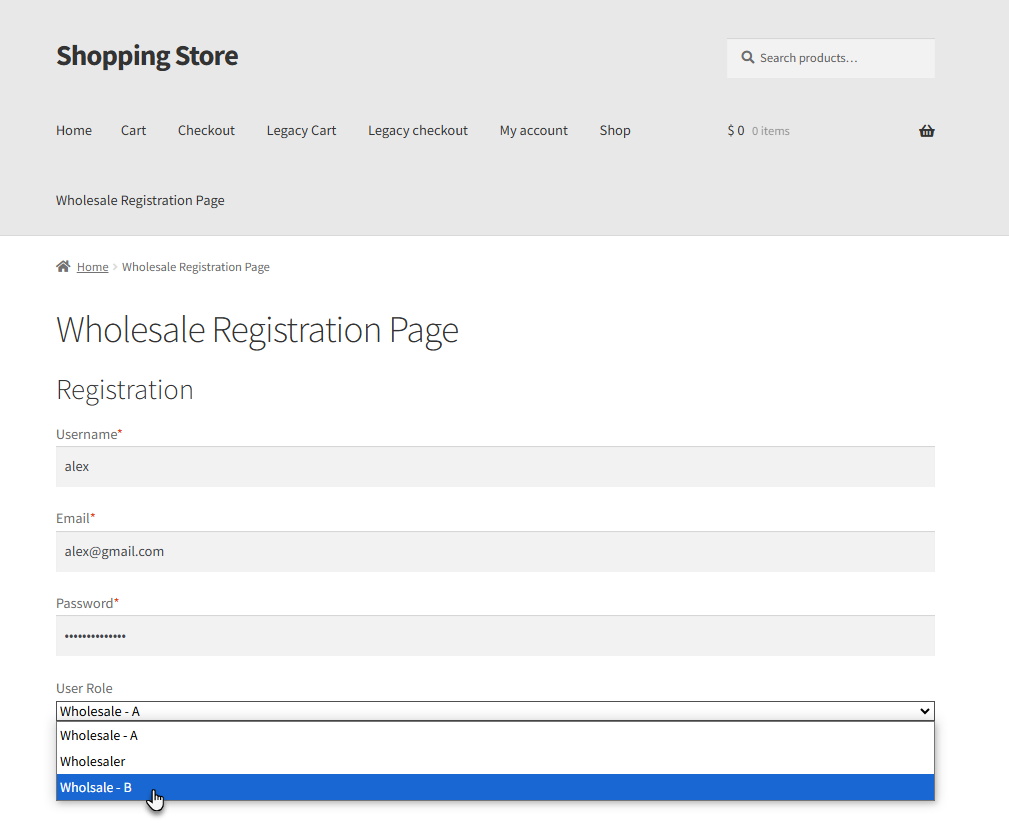 User Role on the Registration Page