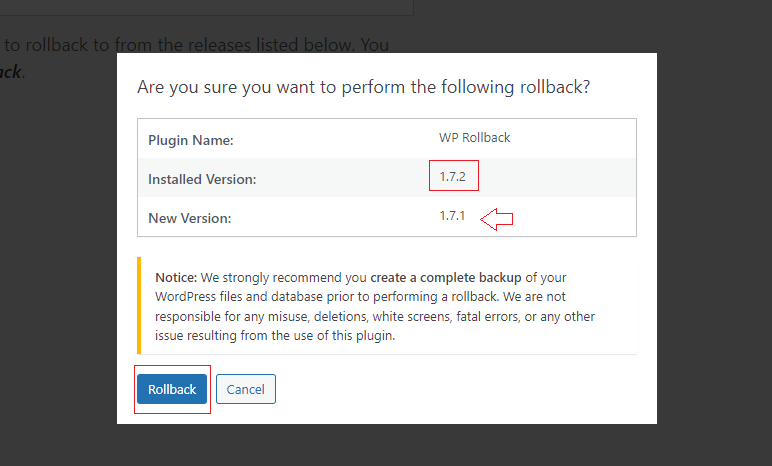WP Rollback Installed Version