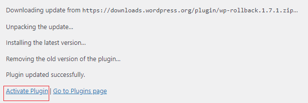 WP Rollback Plugin Activate