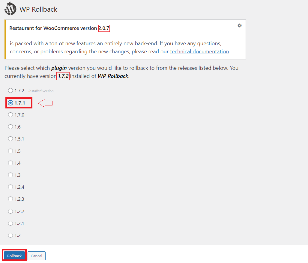 WP Rollback Version