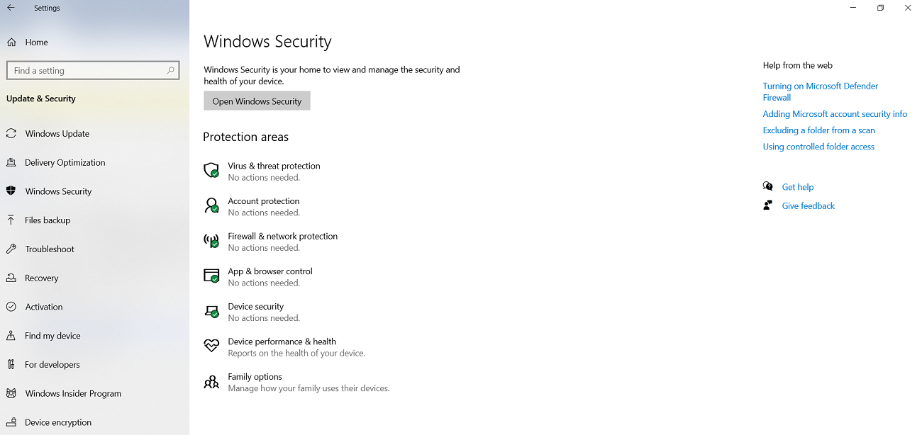 Windows Security Tab in Settings App