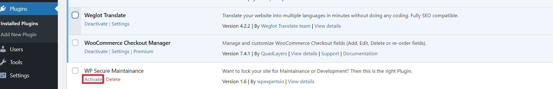 activate-wp-secure-maintenance-plugin-after-installation