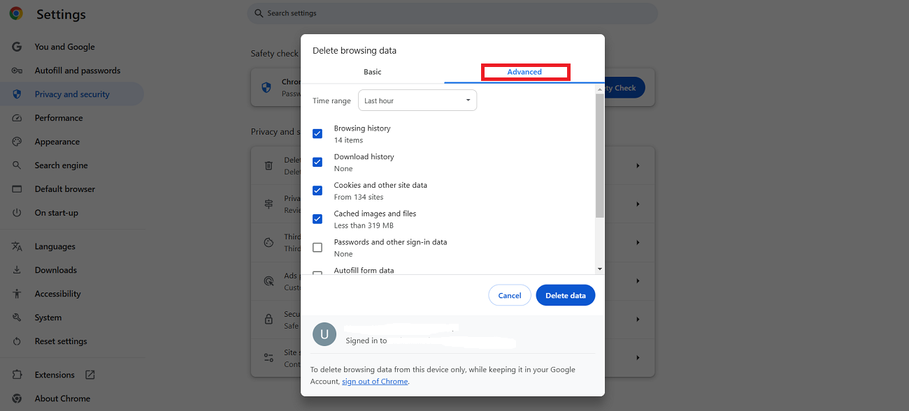 clear advanced browsing data to eliminate the 408 request timeout error
