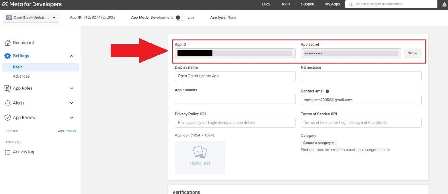 find the App ID and App secret